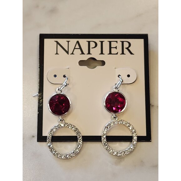 Napier Silver-Tone Drop Earrings With Red Faceted Stones & Clear Crystal Hoops - Picture 1 of 5